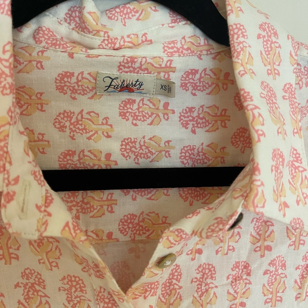 Faherty Taj Dress Women XSmall Linen Floral Shirt Collar Button Pockets - Picture 3 of 4